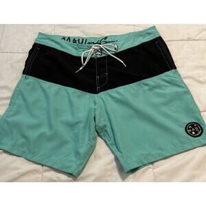 Maui and Sons Mens Aqua Black Shark Board Shorts Sz 36 Swim Trunks Vintage Surf